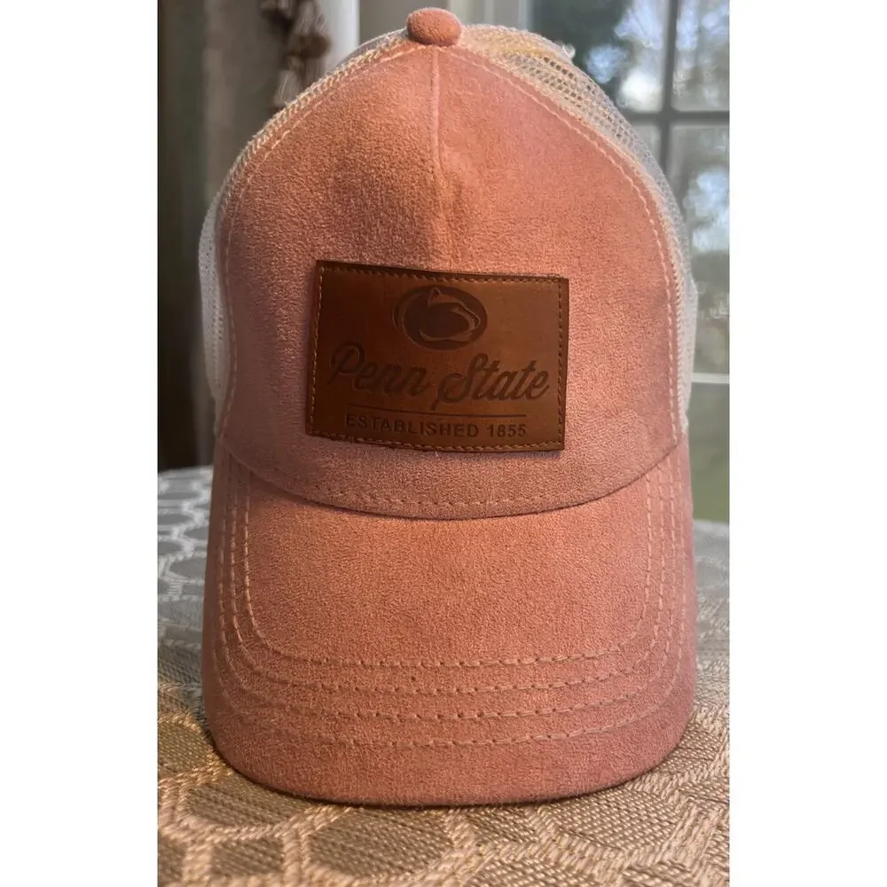 Penn State Legecy Trucker Hat Pink Suede White Mesh Snap Back Leather Patch Cap